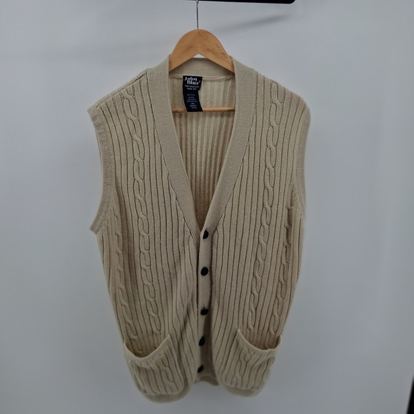 John Blair Mens Cable Knit Cardigan Vest L Large Sleeveless Grandpacore Sweater - Picture 1 of 9